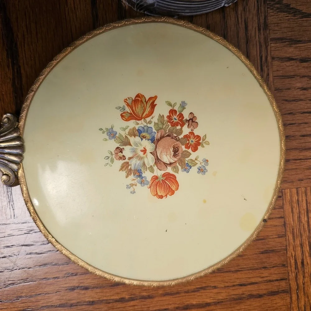 Vintage 3pc Vanity Set Floral‎ Enamel Gold Filigree Mirror Brush Crystal Jar
